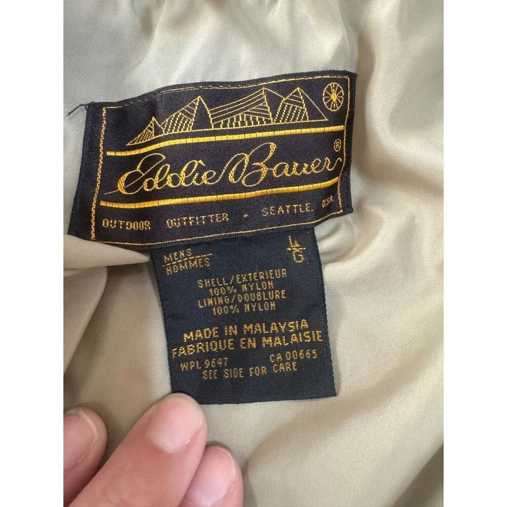 VTG Eddie Bauer Safari Jacket Men's L Tan Drawstring Mock Collar Mid‑Length Coat